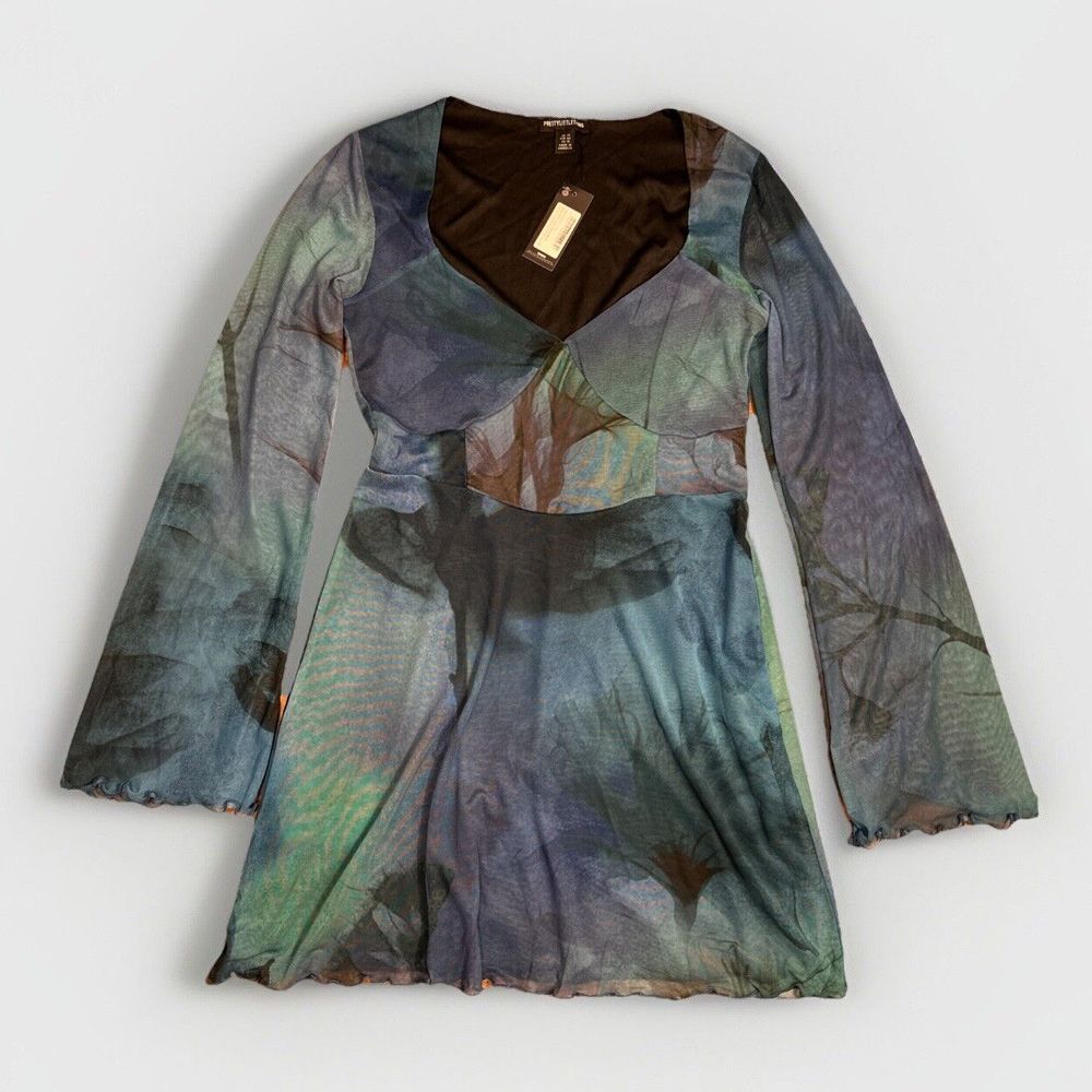 Pretty Little‎ Thing Blue Blur Floral Mesh Underbust Detail Shift Dress Size 10
